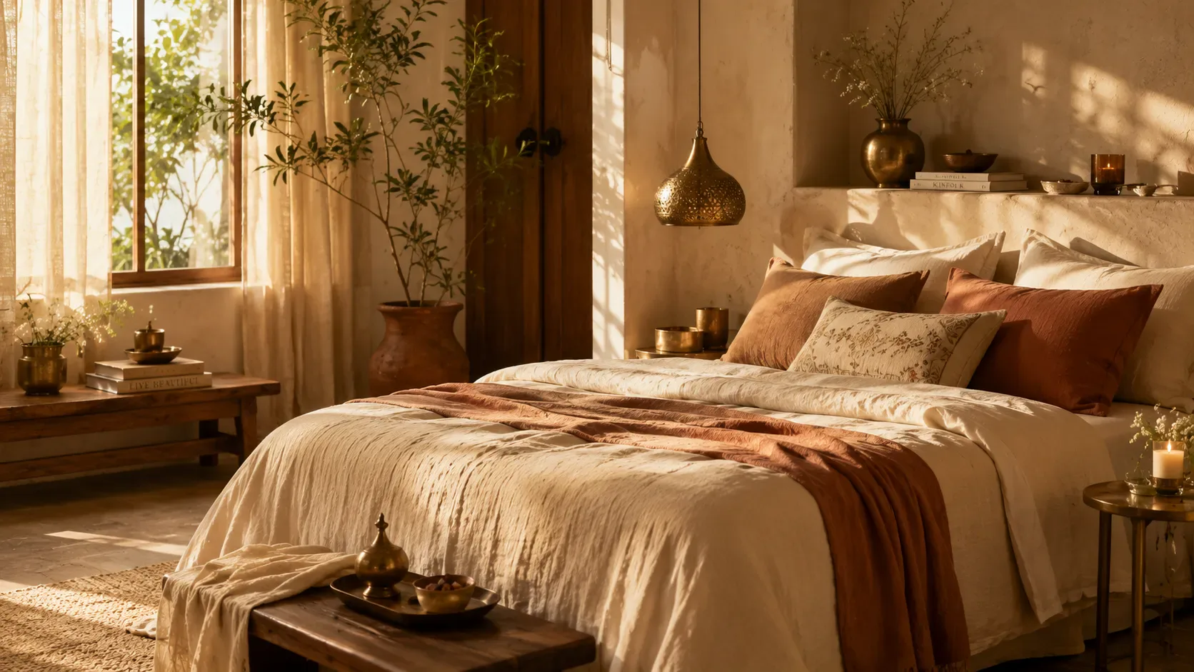 Elegant bedroom styled with luxury bedding and soft lighting