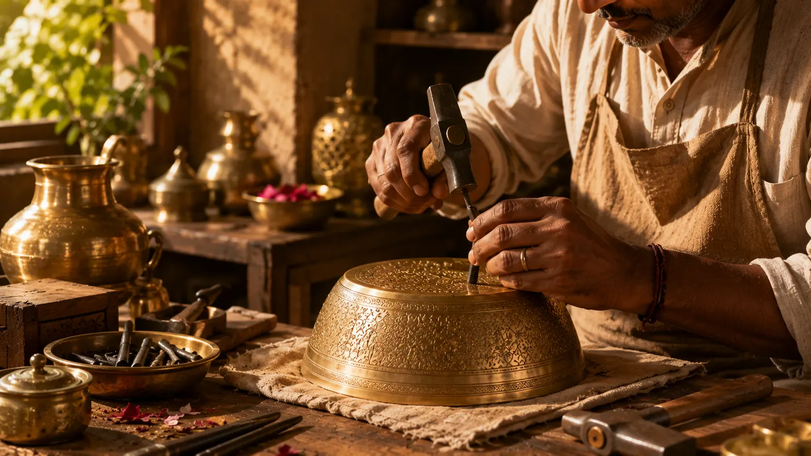 Indian artisan hand-finishing a brass lamp base in a workshop