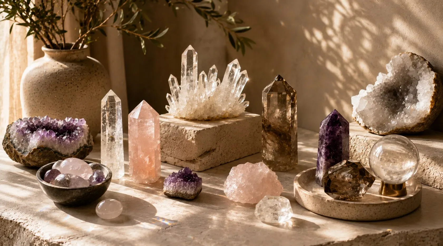Rose quartz and clear quartz crystal objects arranged on a stone shelf