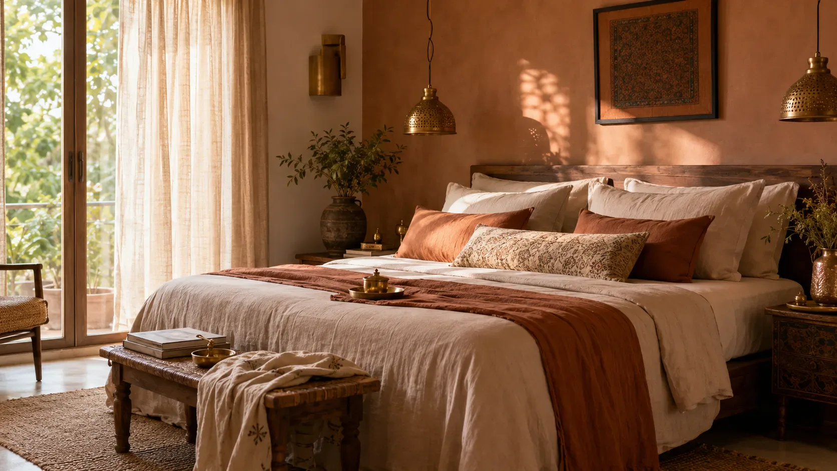 A serene, sunlit bedroom styled with linen textiles, warm brass lighting and handcrafted decor