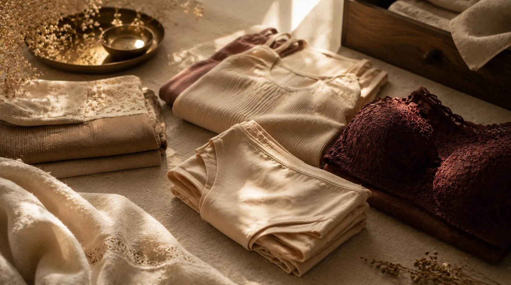 Folded modal and silk innerwear in soft neutral tones on a linen surface