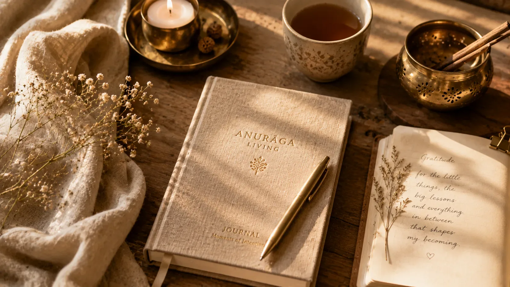 An open journal and cup of tea beside a sunlit window