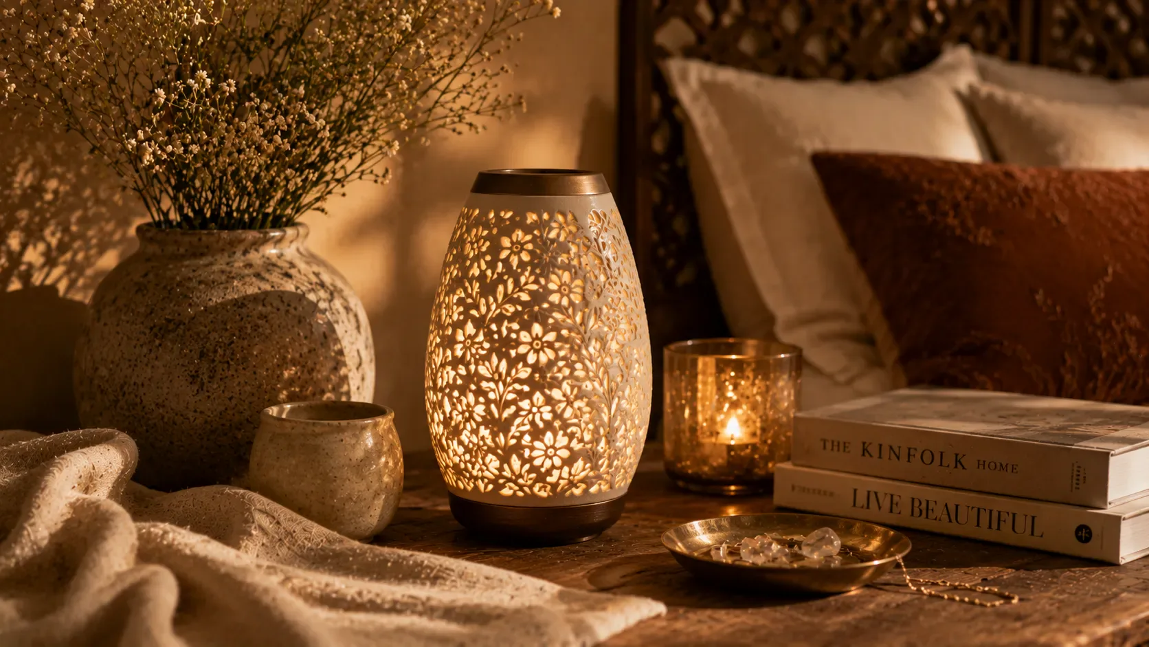 Designer table lamps and crystal lighting creating warm ambiance