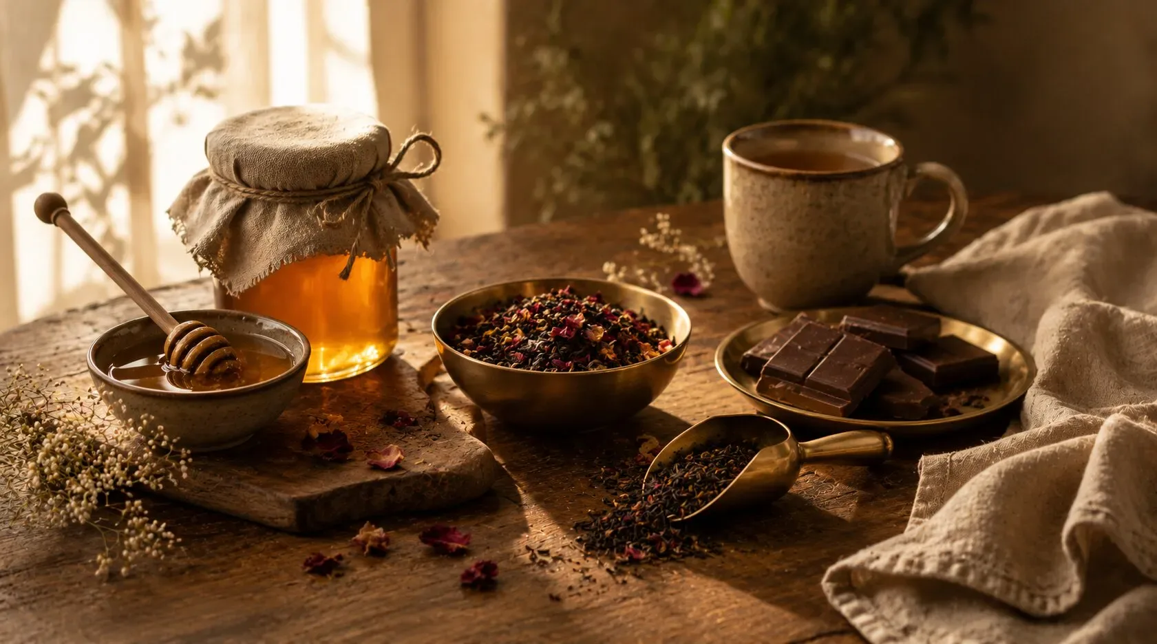 Perfume bottles and a diffuser arranged on a stone surface in warm light