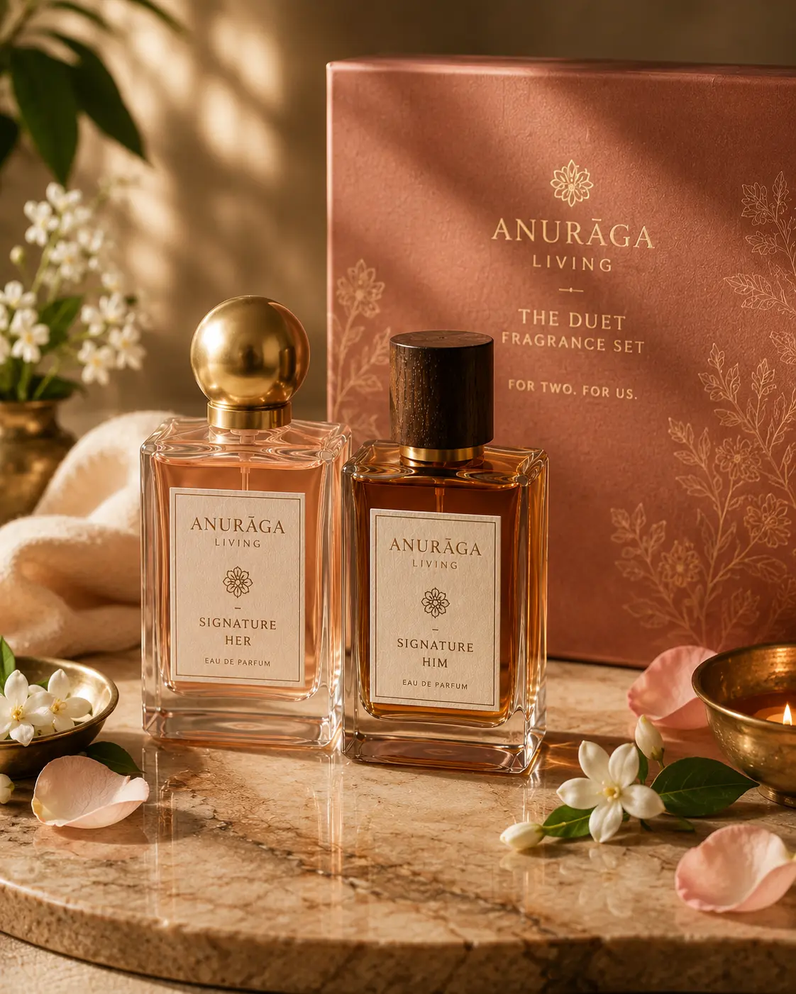 A matched pair of perfume bottles presented in a linen-lined gift box