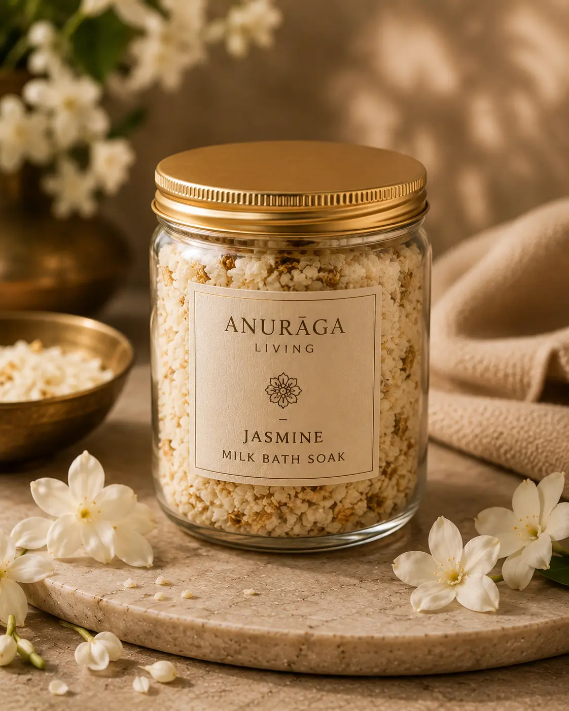 A glass jar of milk bath soak beside dried jasmine flowers