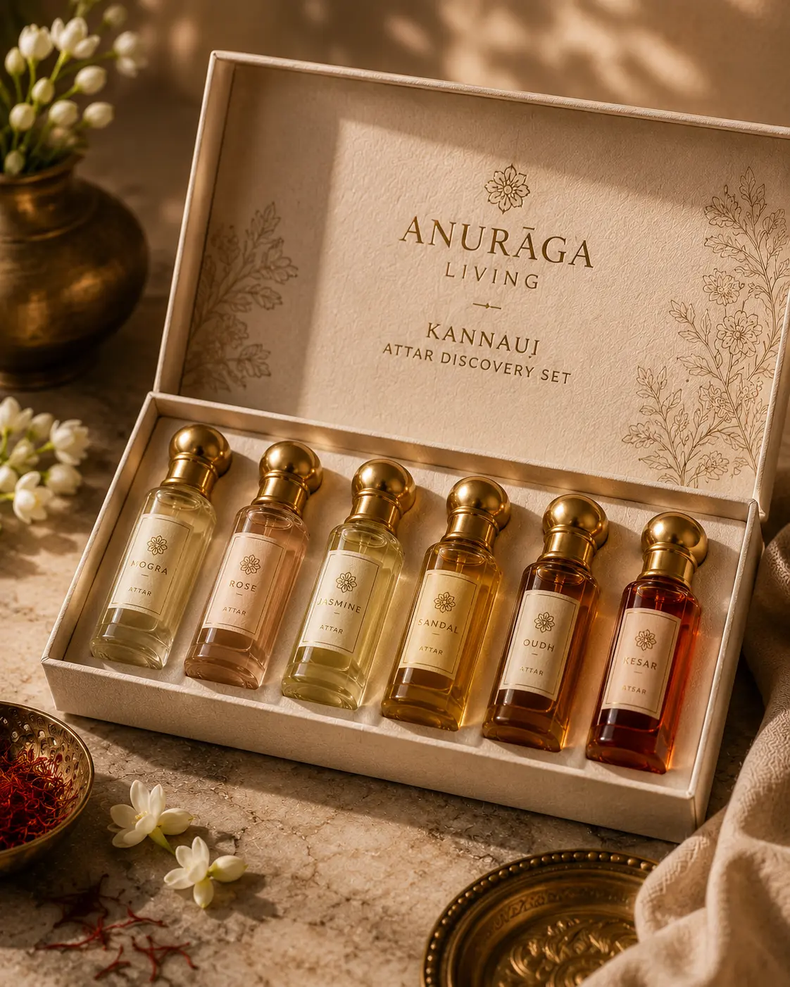 Small glass attar vials arranged on a wooden tray