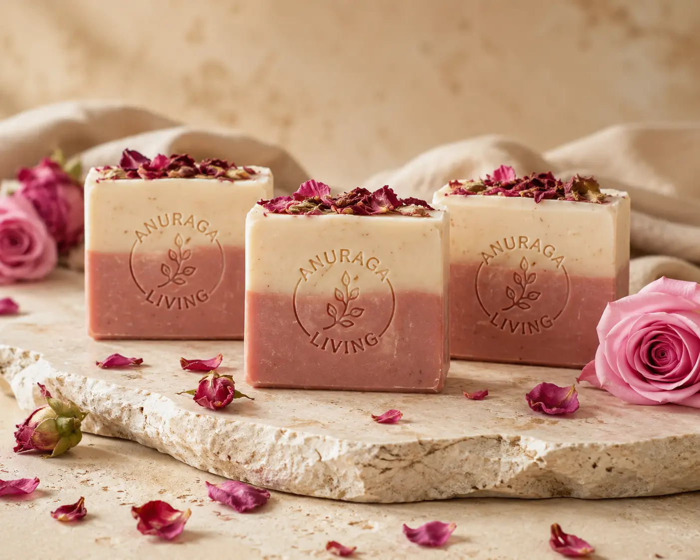 Three bars of rose clay soap wrapped in kraft paper