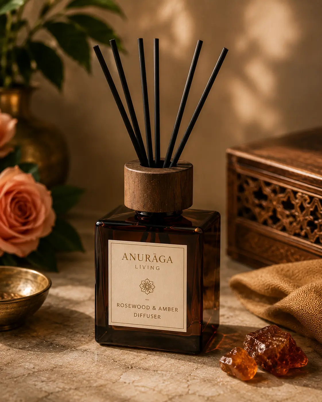 A reed diffuser with brass accents on a marble console