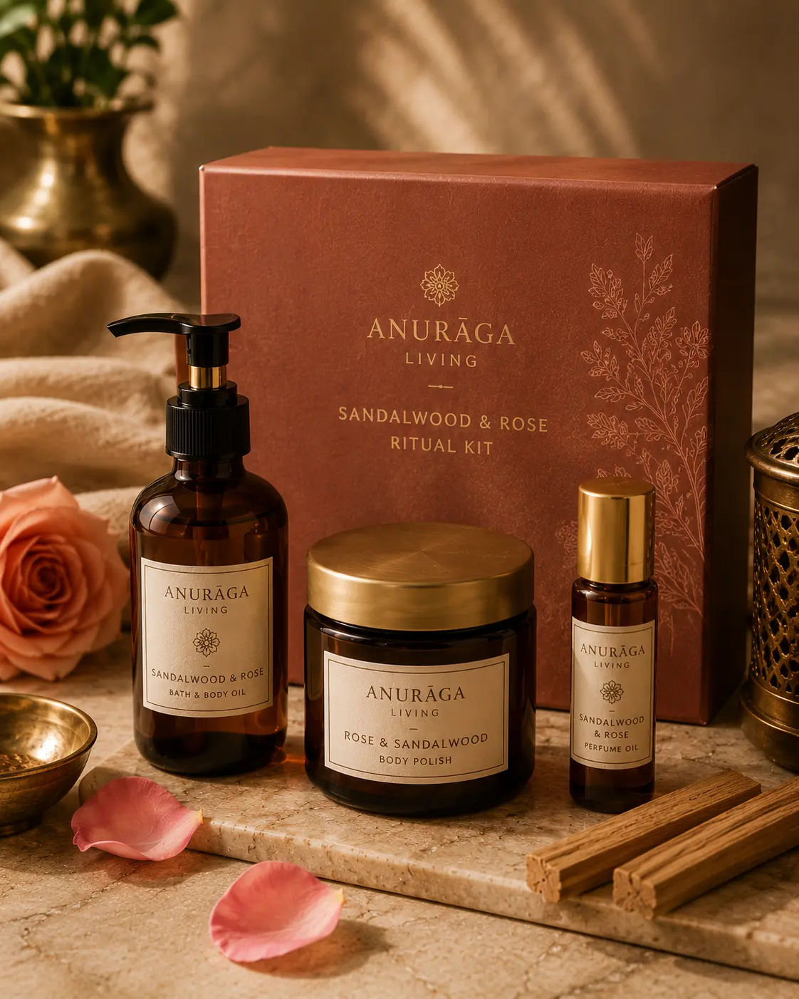 Sandalwood and rose bath ritual kit with salts, oil and soap
