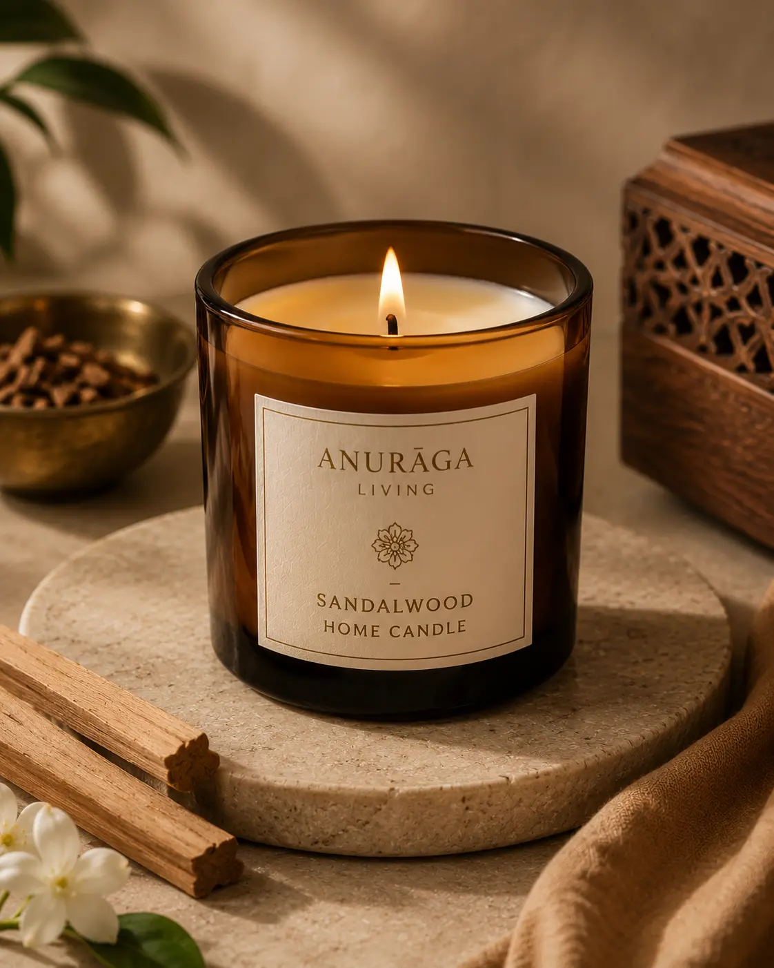 A lit sandalwood candle in a ceramic vessel on a bedside table